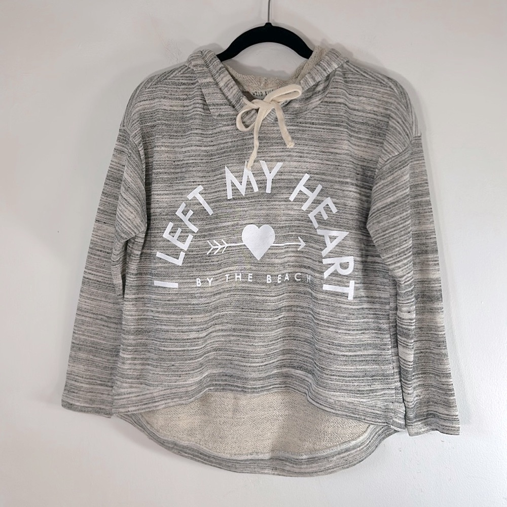 Wild Kiss NWOT Grey Heather Beach Graphics Hi Low Hemline Women’s Size L Hoodie
